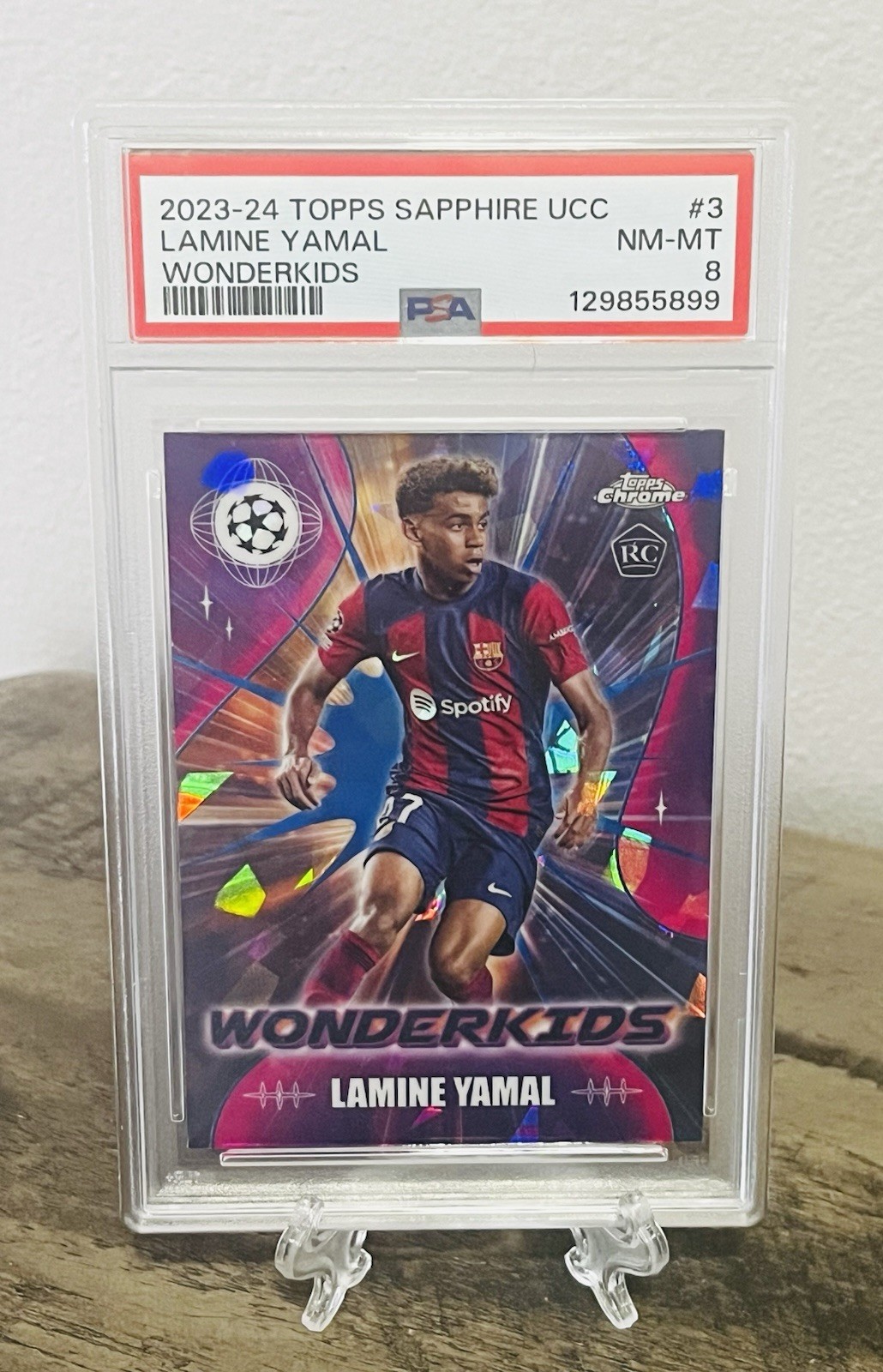 2023-24 Topps Chrome UCC Lamine Yamal RC Sapphire Wonderkids FC Barcelona PSA 8 view 5