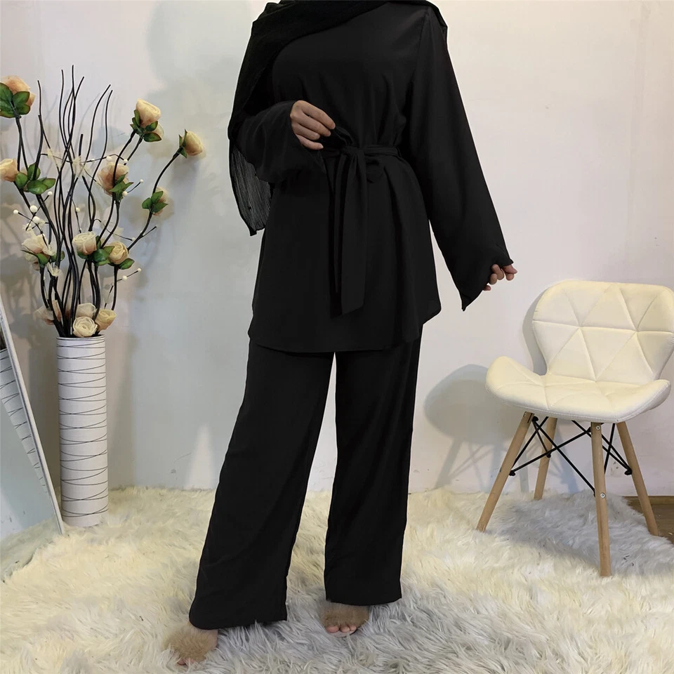 Conjunto de 2 piezas blusa pantalón manga larga liso musulmán Abaya traje informal islámico para mujer Foto 3 de 4