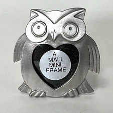 Vintage Mini Picture Frame Owl Shape Pewter MALI 2.1" X 2.1"