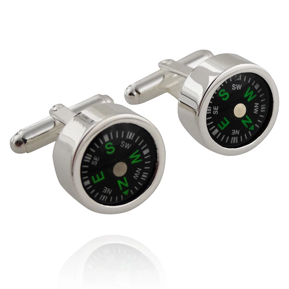 Gemelos brújula de trabajo - Gemelos elegantes únicos de plata de ley 925 para hombre Foto 2 de 3