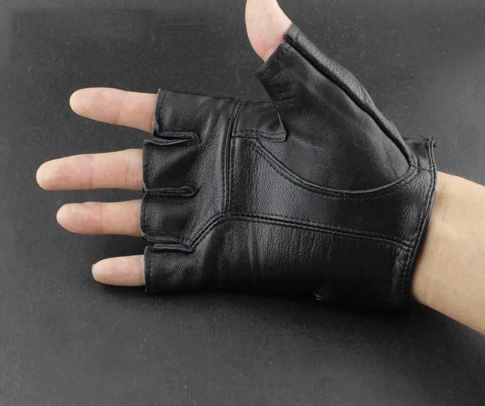 Punk Rocker Party Driving Motorcycle Rivet Real Leather Fingerless Men Gloves - Image 4 of 4