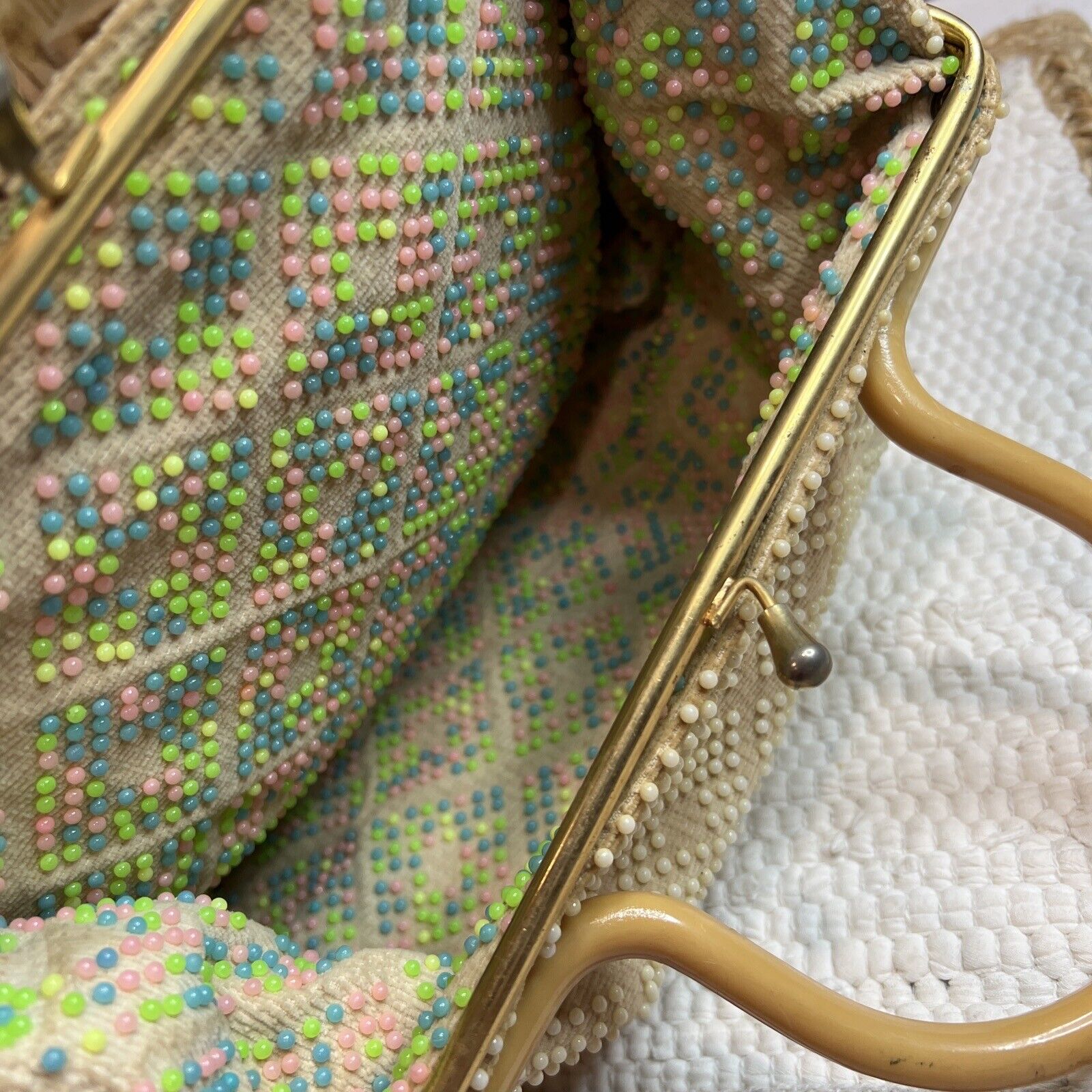 Vintage Cream Colored Purse Handbag With Beading … - image 11
