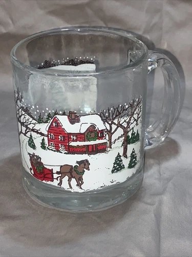 Libbey Currier & Ives Hand blown Winter Snow Scene Mug Cup Christmas Made USA