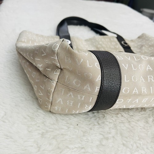 BVLGARI Logomania Canvas Beige/Brown Leather Handles Tote Bag w/ Pouch - Picture 6 of 24