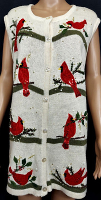 WHITE STAG Women Cardigan Sweater Size 22W/24W White w/Cardinal Birds Sequins