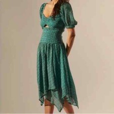 Anthropologie Green Puff-sleeved Cut-out Midi Dress Sz 2