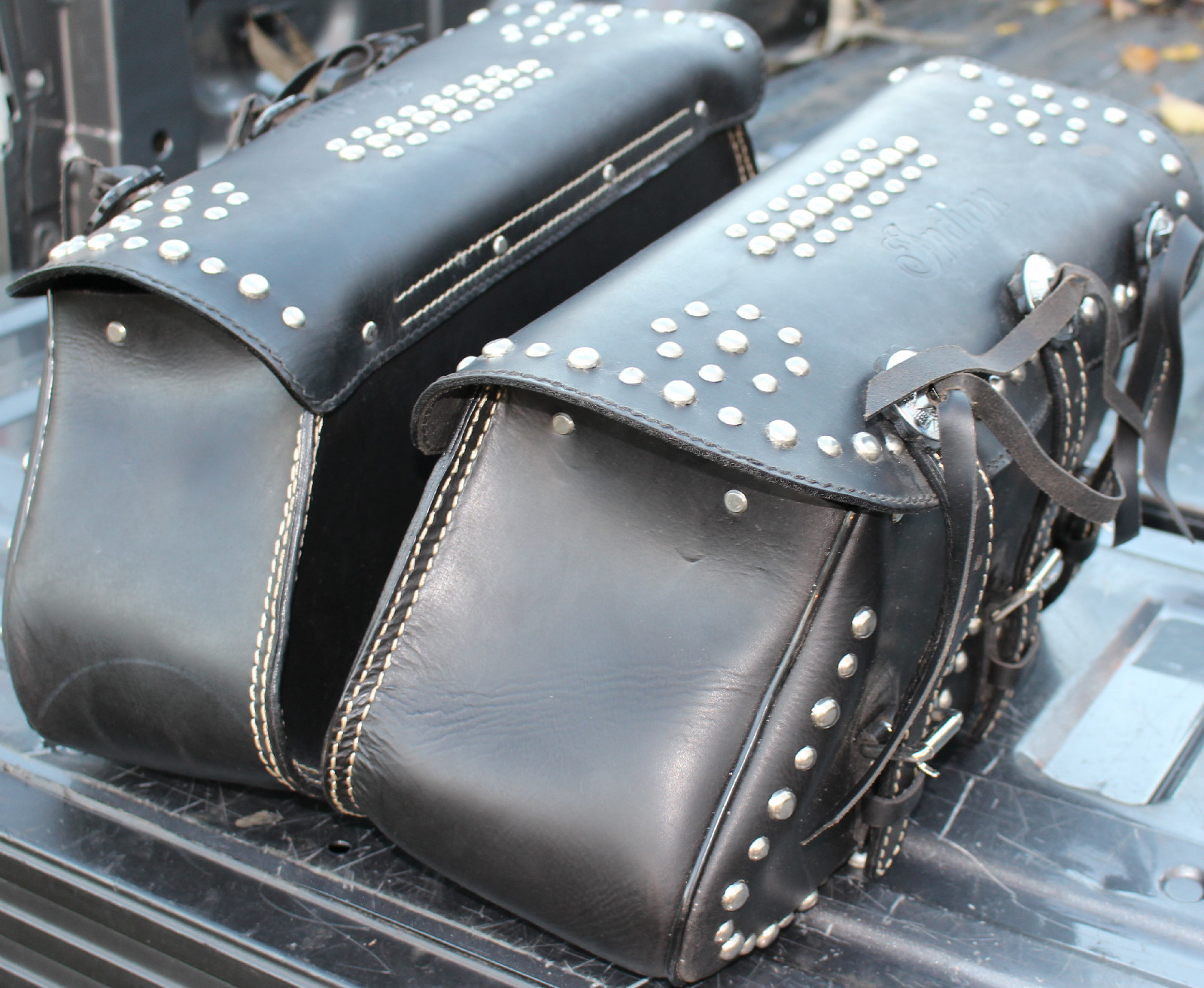 Indian Saddle Bags "Indian" Embossed in Leather Chief Chrome Studs