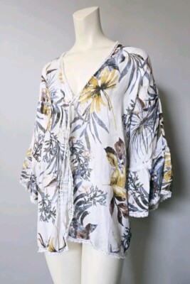 Francesca Bettini 3/4 Sleeve Blouse Kimono Top Women's One Size 100% Linen