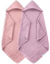 SWEET DOLPHIN Muslin Hooded Baby Bath 32 x 32 Inch （Pack of 2）, Light Sakura 