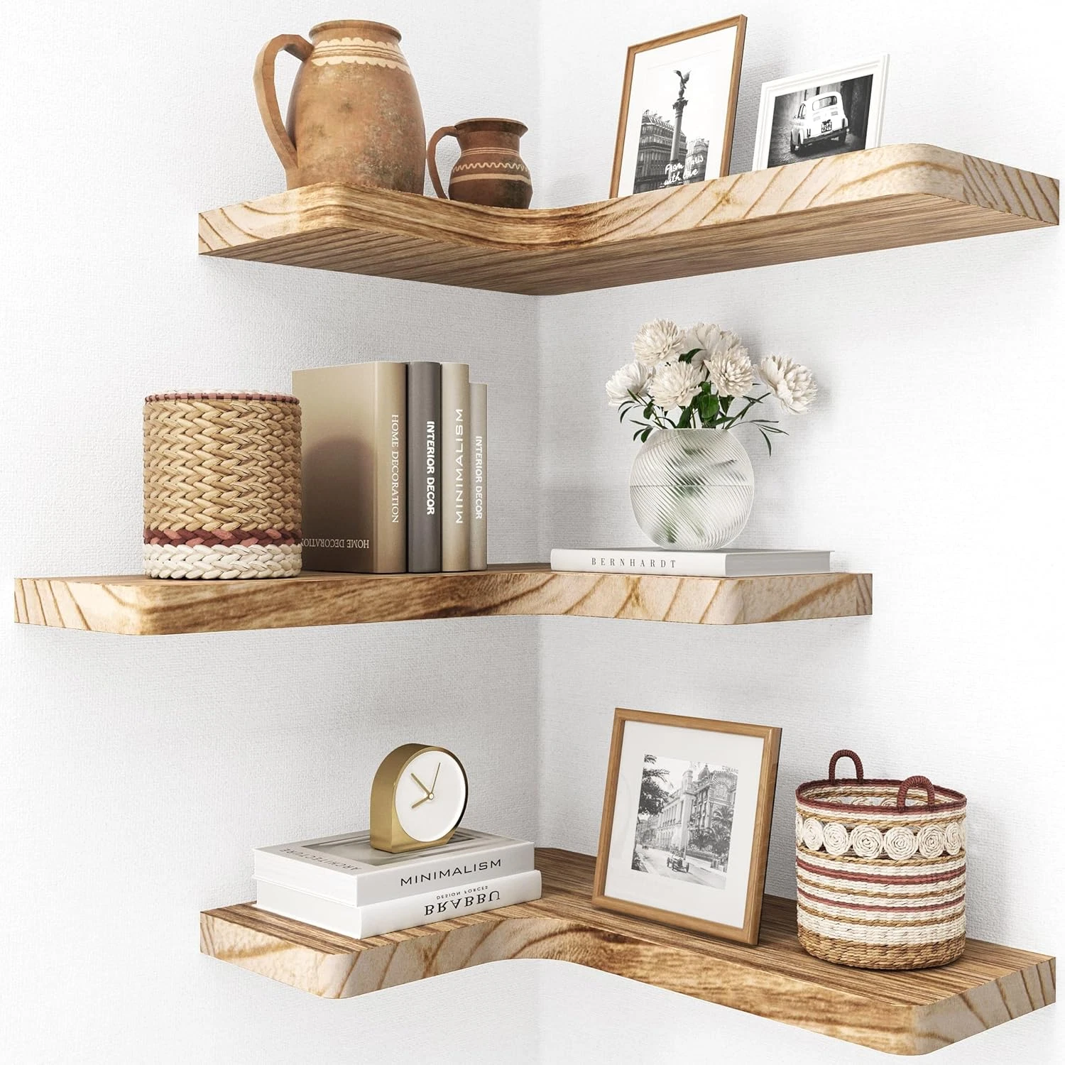 Stylish Floating Corner Shelves Set of 3 - Carbonized Black Wood Storage