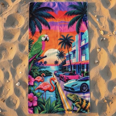 Miami Palm Tree Towel - Art Deco South Beach Neon Flamingo Sunset Retro