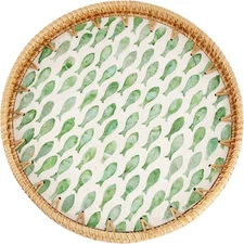 Round Rattan Serving Tray 11.8" with Mother of Pearl Inlay for Home Decor