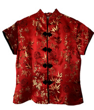 festliche chinesische Kurzarm Bluse, Rot-Gold-Schwarz, Gr.S, geknöpft, neu