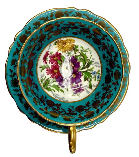 Paragon Double Warrant Teacup Saucer Teal Blue Flowers Gold Gilde Trim England - Afbeelding 4 van 9