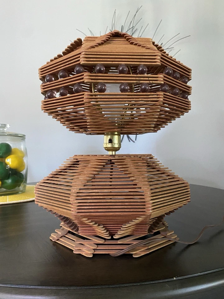 Vintage MCM Tramp Art Mid Century Folk Art Primitive Popsicle Stick Table Lamp - Image 2 of 4