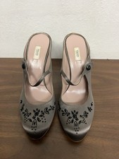 Prada Vintage Mules W/Mary Jane Strap - Grey Satin With Embroidery And Beading