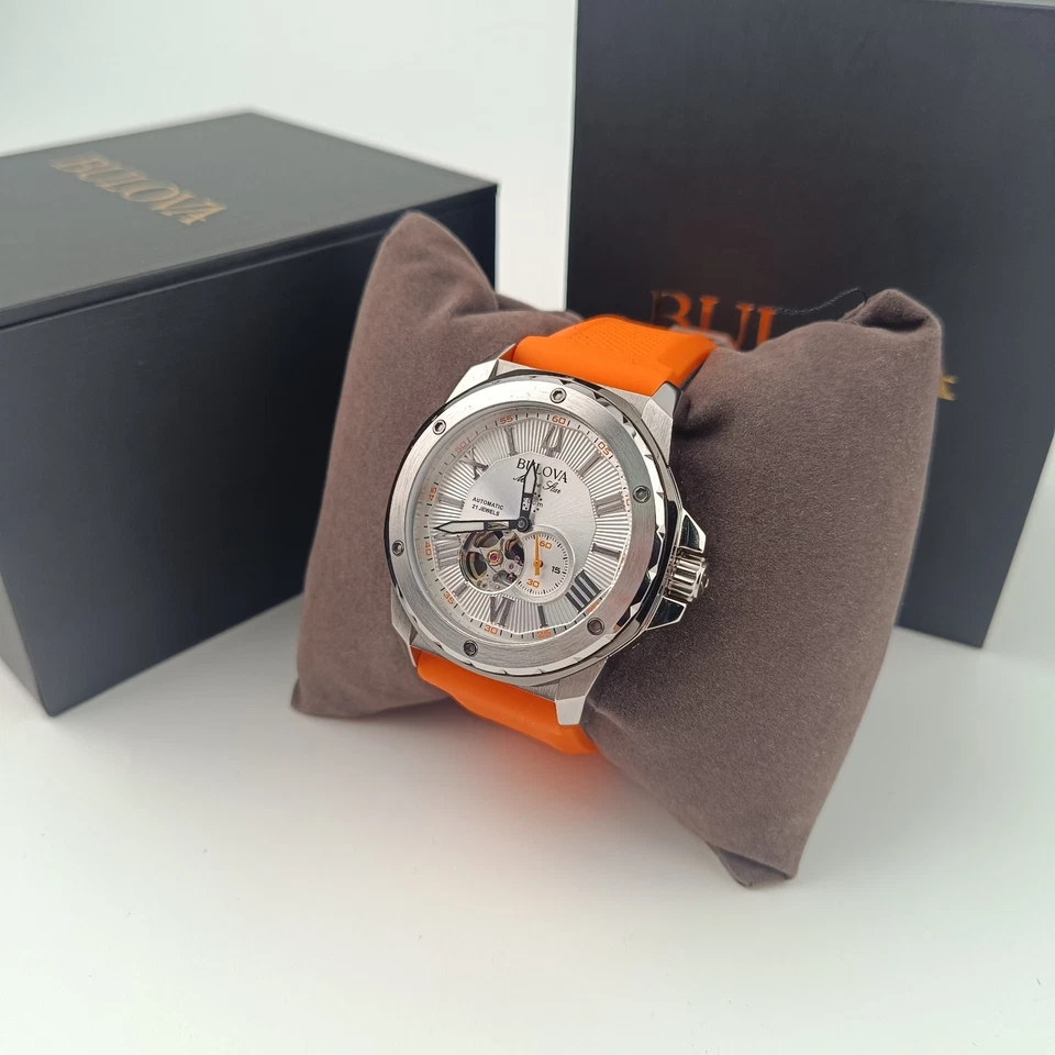 Bulova 98A226 Marine Star Automatic Watch White Dial Orange Rubber Strap - Image 4 of 4