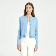 Women's Long Sleeve Crewneck Ruffle Hem Cardigan - A New Day Blue