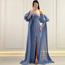 Exquisite Strapless Prom Dress Puff Sleeve Front Slit Off Shoulder Evening Dress