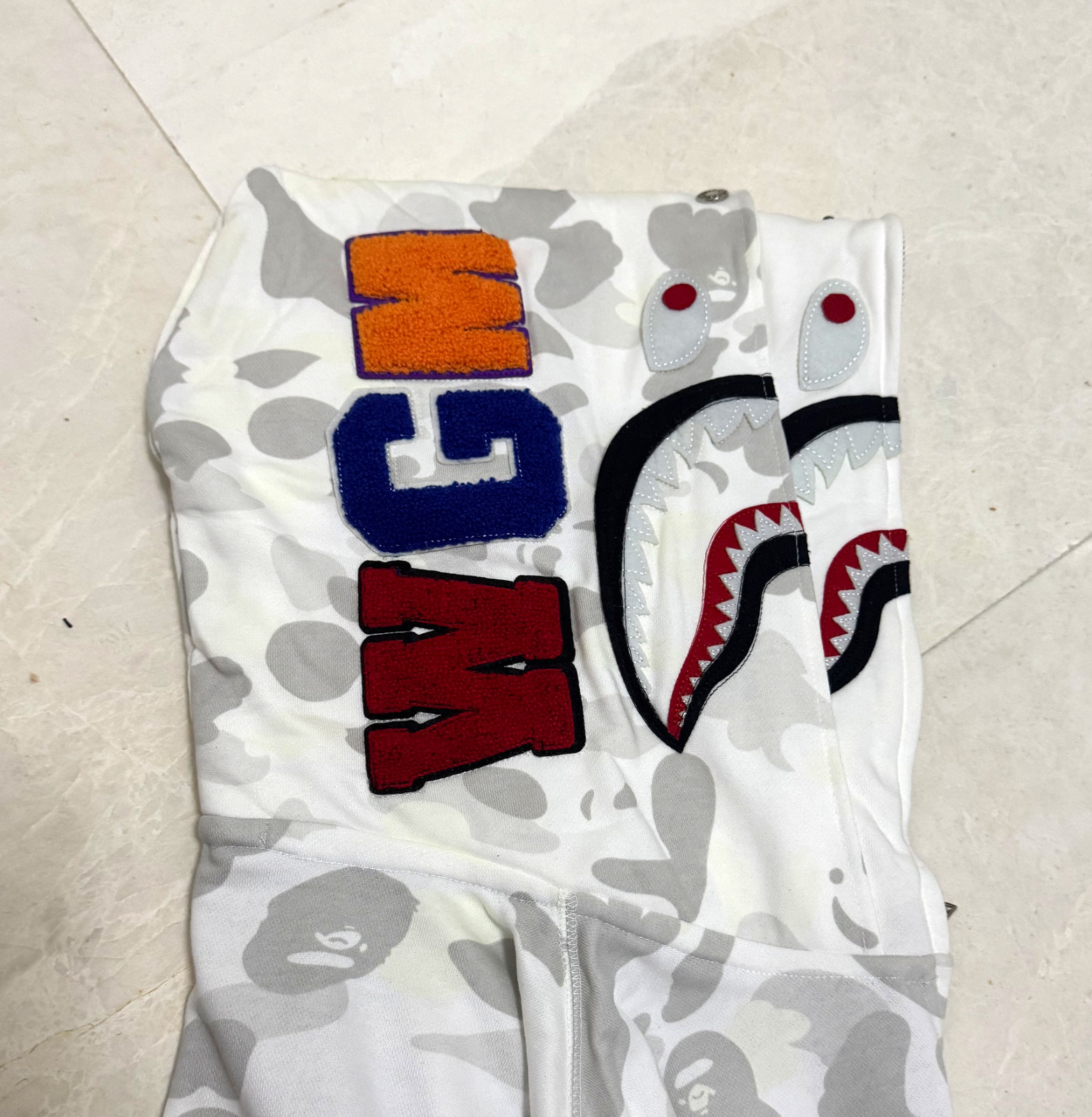 Men's Bape Camo Shark Zip Up Hoodie with Double Hood - White - Size Large thumbnail 3