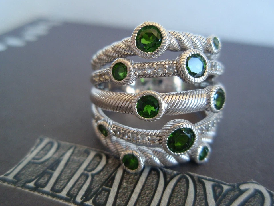 Anillo Judith Ripka Plata de Ley 925 Multi Fila Cromo Verde Diopsita Talla 7.5 Foto 4 de 4