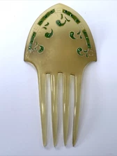 Victorian Celluloid Hair Comb 1920s Art Deco Butterscotch Green Rhinestones