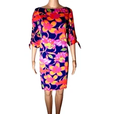 Trina Turk Womens Dress Size Large Tropical Floral Split Tie Sleeve Boat Neck