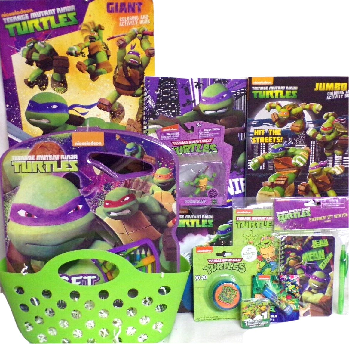 NEW KIDS NINJA TURTLES TOY GIFT BASKET ART SET TOY BOOK LOT FIGURE PLAY SET