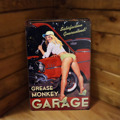 Grease Monkey Blonde Pinup Girl Mechanic Metal Sign for Garage, Shed, Mancave