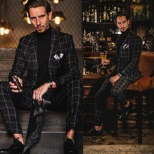 Plaid Men's Suits Business 2 Pcs Slim Fit Wedding Goom Casual Black Check Blazer