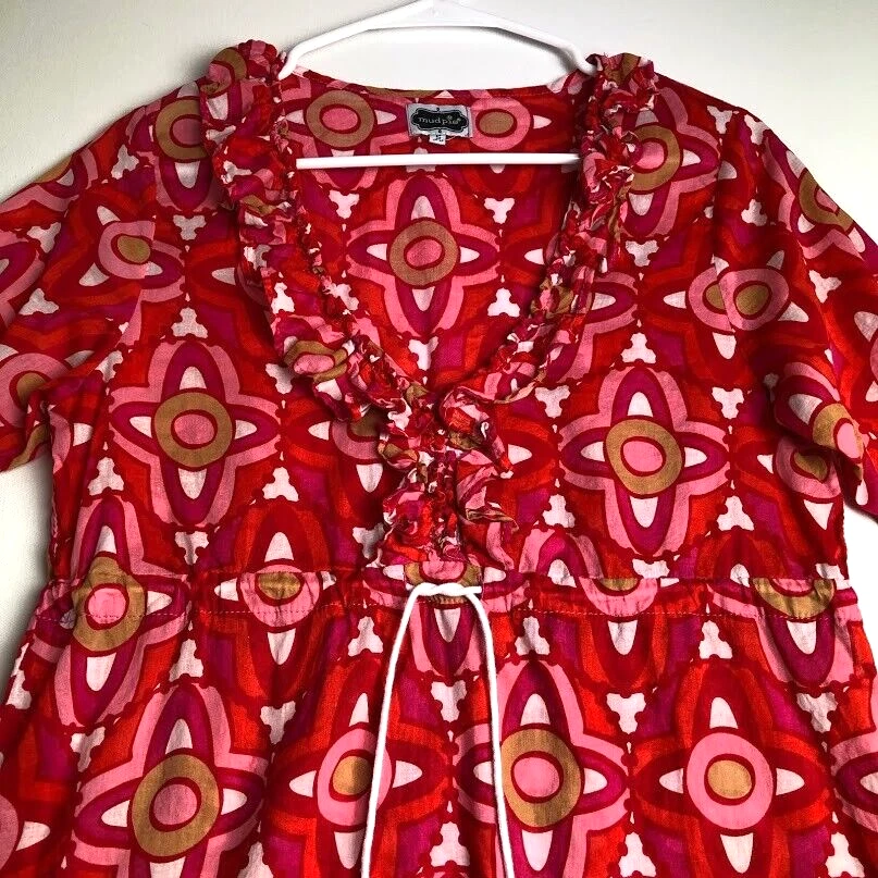 Vestido túnica Mud Pie para mujer pequeño S rosa rojo geométrico mangas 3/4 cubierta de playa Foto 2 de 4