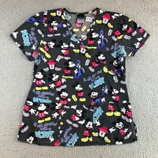Disney Mickey Mouse Scrub Top Women's Small Gray Printed Short Sleeve Pockets