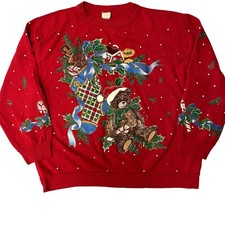 Vtg 70's Holiday Time CHRISTMAS Teddy BEAR Stocking Holiday Sweatshirt USA XL