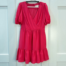 Eliza J Women 10 Hot Pink Surplice Neck Puff Sleeve Fit Flare Mini Dress Pockets
