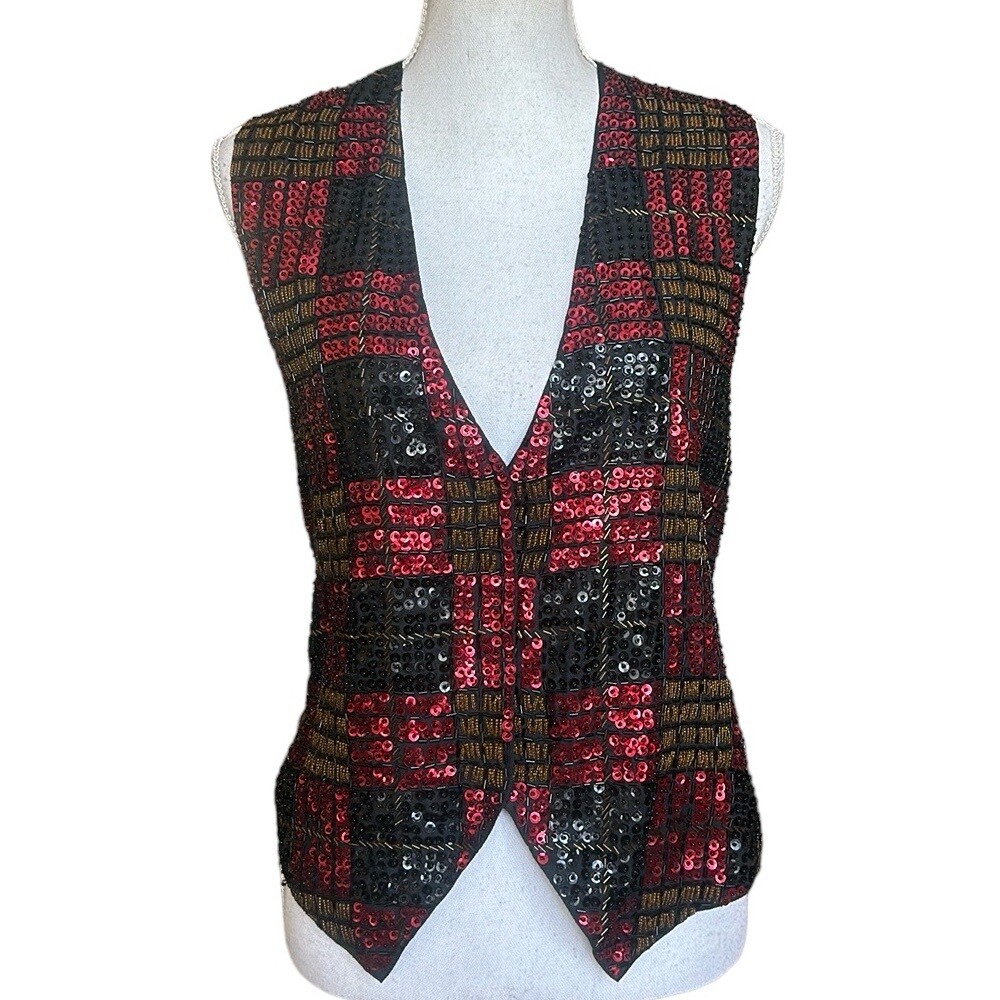 Vintage Everett Collection Black Red Plaid Sequin Beaded Vest Gilet Size M
