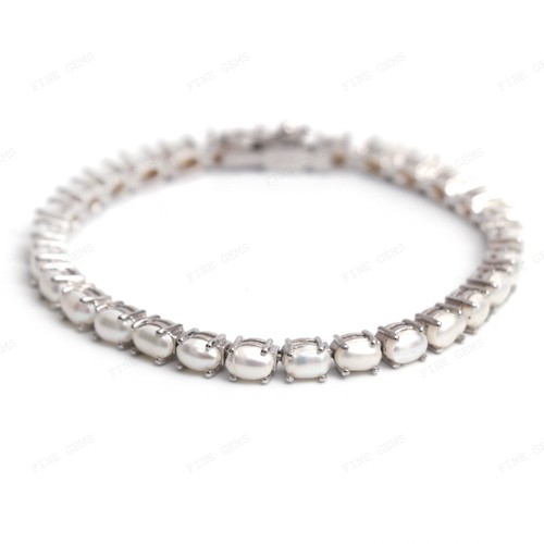 Natural Pearl Bracelet 925 Silver Tennis Bracelet June Birthstone Gift for Her - Picture 3 of 5