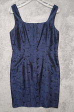 Donna Ricco Dress Womens 10 Blue Embroidered Black Floral Metallic Holiday