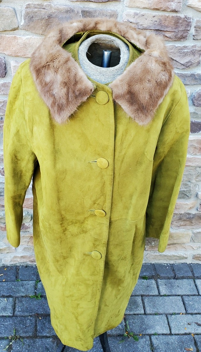 Vtg Suede Leather Coat Jacket With Real Fur Collar 1960s Mod Retro
