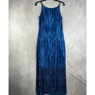 Vintage All That Jazz Maxi Slip Dress Womens 9/10 Blue Embroidered Paisley Y2K