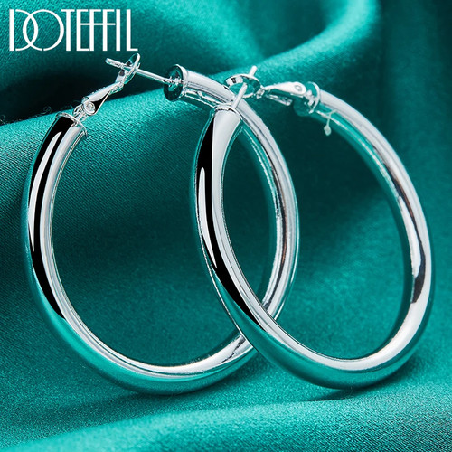 925 Sterling Solid Silver 50mm Round Smooth Big Hoop Earrings Women Jewelry - Bild 3 von 6