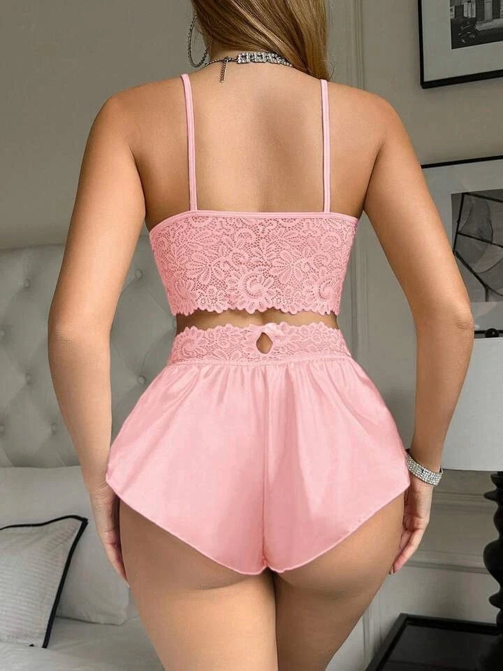 Brillante Graso 2da Piel Satén Aceitoso Encaje Camisola Pantalones Cortos Lencería Conjunto para Dormir XL NUEVO Foto 4 de 4