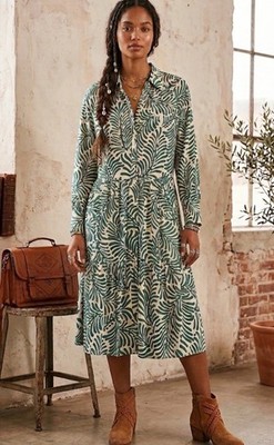 h&m green leaf dress H&M Green Leaf Print Tiered Maxi Shirt Dress Women's Sz XL Boho Vacation  Resort