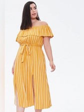 Forever21+ Mustard  White Striped Off-Shoulder Midi Dress size 2XL