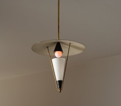 Vintage Italian Brass and Black Enamel Pendant Lamp from Stilnovo, 1950s