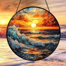 Beach Sunset Stained Glass Suncatcher, Window Hanging, Waves Beach Decor