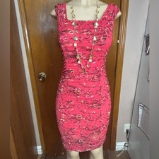 Leith medium gauzy lace floral coral bodycon ruffled cinched dress knee Spring
