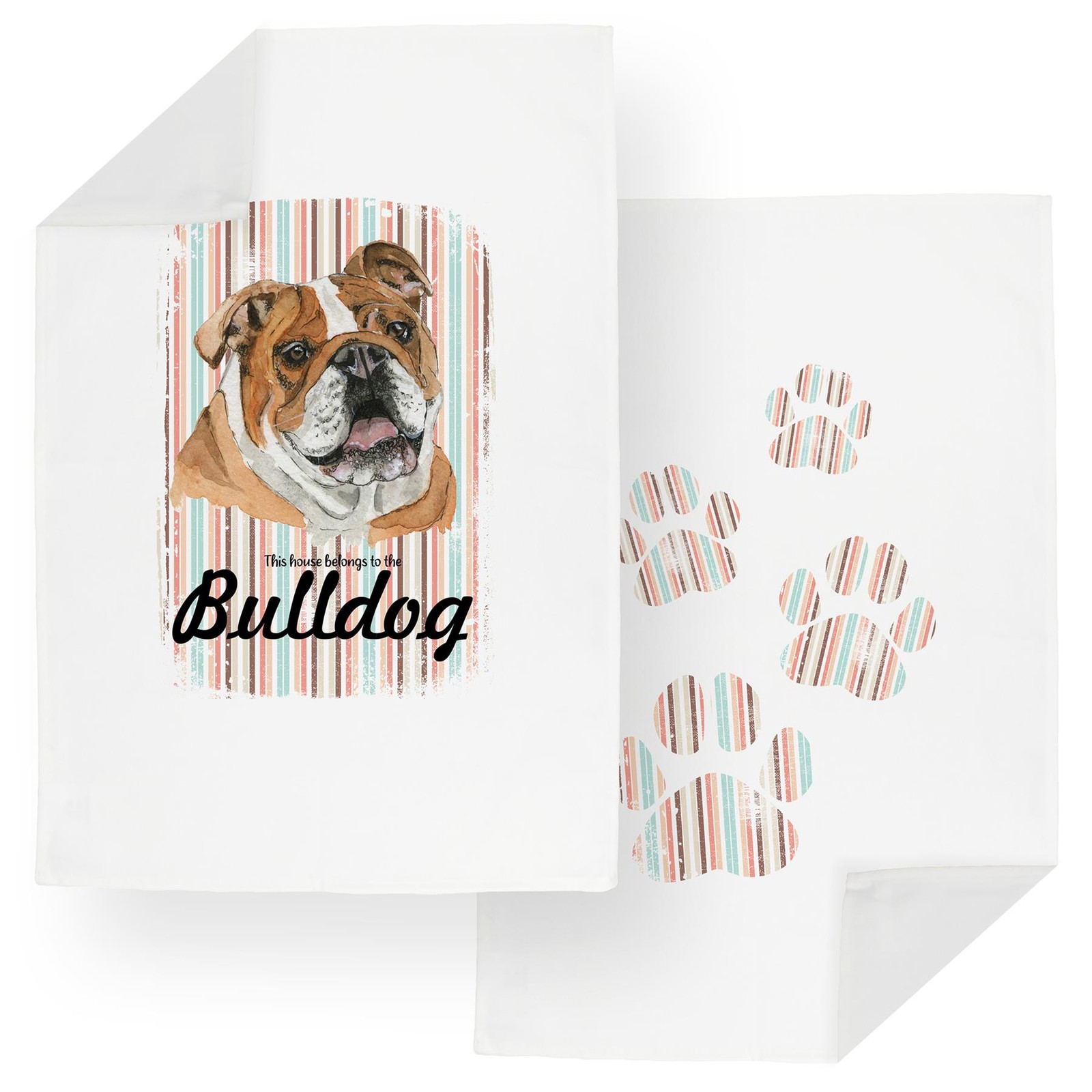 Bulldog Tea Towel Set - Novelty Dogs & Paw Prints Kitchen Linens Gifts