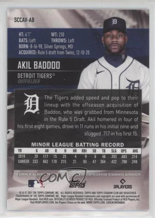 2021 Topps Stadium Club Chrome Auto Akil Baddoo #SCCAV-AB Rookie Auto RC - Image 2 of 2