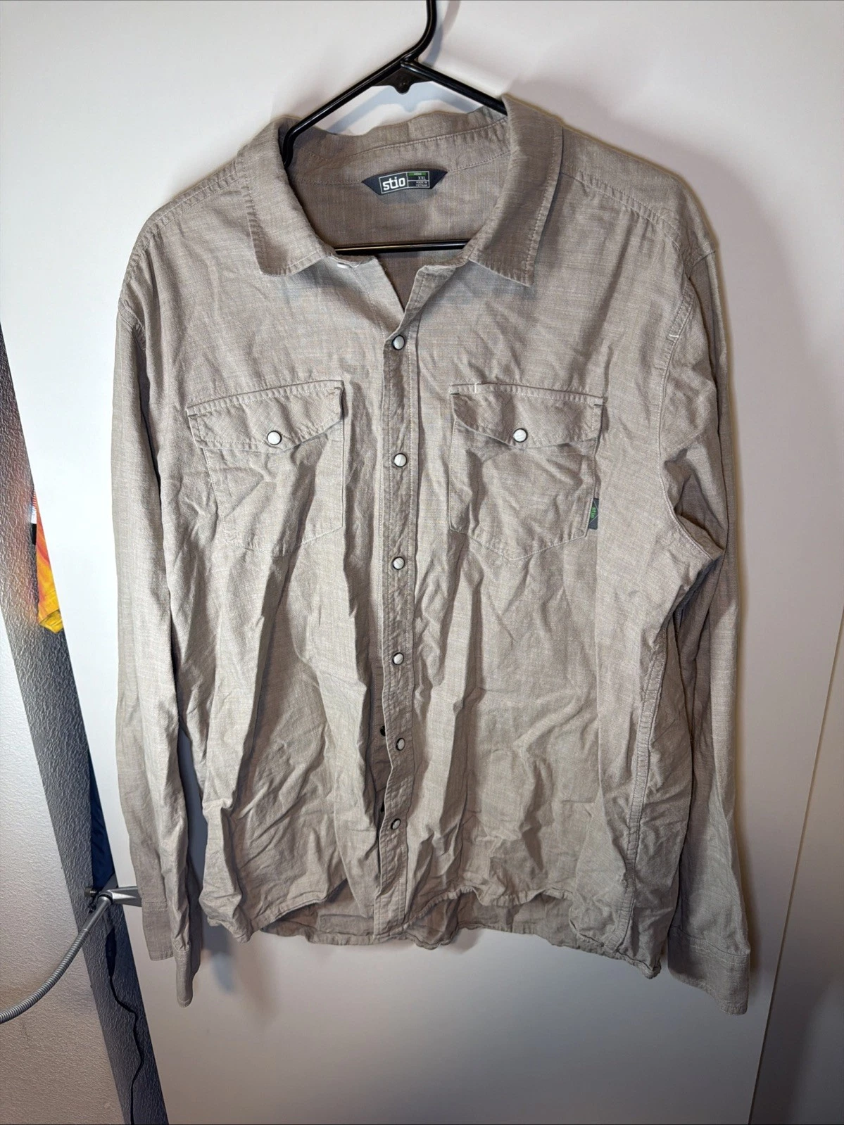 Stio Eddy Pearl Snap Western Shirt Mens XXL Beige Plaid Pockets Outdoor Hiking