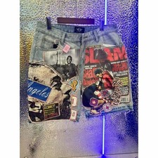 American Retro Washed Denim Shorts Y2K Jeans Mens Hip Hop Street Graphic Baggy S